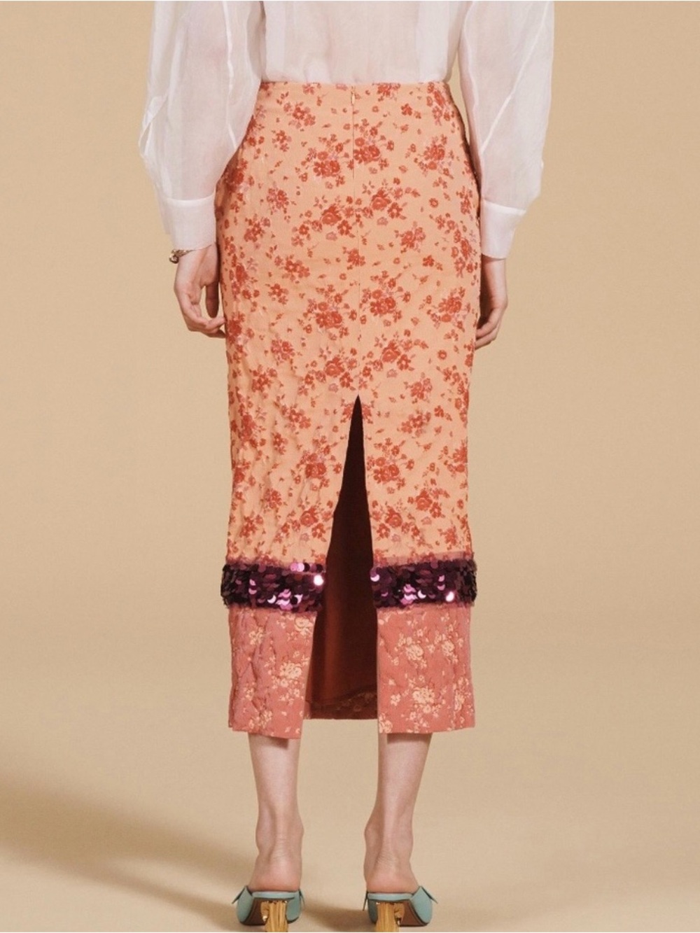 Zara Pink Floral Midi Skirt with Magenta Sequin Band - Picture 3 of 8